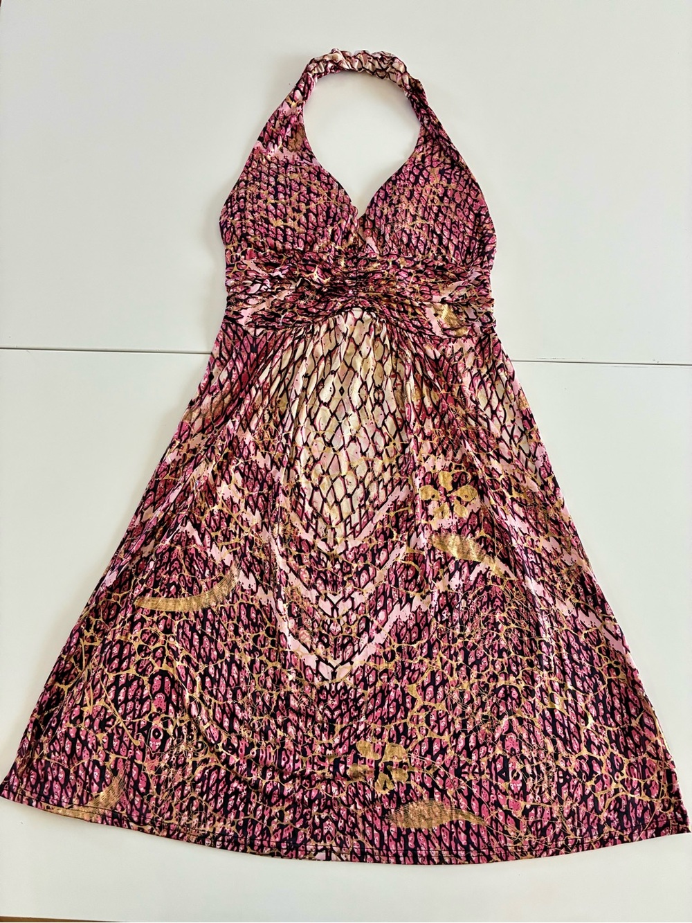 Shoreline S/M Pink & Gold Smocked Halter Print Sundress- RUNS BIG Sheer
